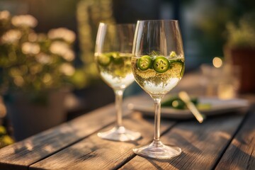 Obraz premium refreshing spicy white wine drink with jalapeno slices served outdoors on wooden table with summer evening bokeh concept of beverage promotion hospitality and lifestyle branding