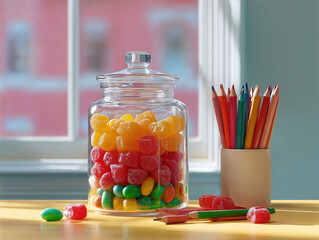 Colorful, whimsical still life featuring a jar of candy, pencils, and pastel hues. Represents childhood, creativity, joy, or education. Ideal for blogs or playful designs.