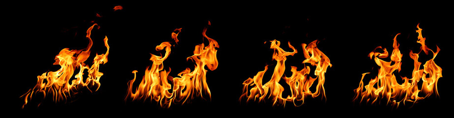 Set of fire flames isolated on a black background, perfect for graphic design, photo editing, advertising, hot energy concepts, burning effects, and creative digital artwork in high resolution.