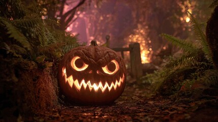 Spooky Halloween Pumpkin with Evil Face Surrounded by Dark Forest and Mysterious Atmosphere