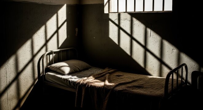 Gloomy prison cell interior with barred window casting stark shadows on bed