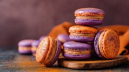 Colorful purple and orange macarons stacked on a wooden board with a soft blurred background in a cozy setting