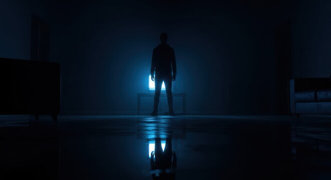 A solitary figure silhouetted against the blue glow of an old television screen in dark room