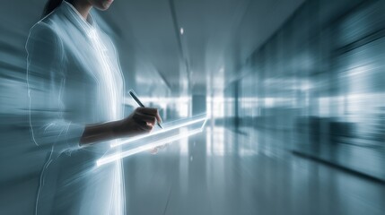 Businesswoman using a futuristic tablet in a modern office setting