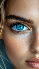 Closeup Vibrant Blue Eye with Glitter Makeup