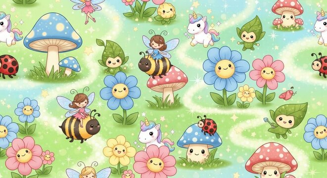 Enchanting forest with adorable creatures in bright colors seamless pattern - Powered by Adobe