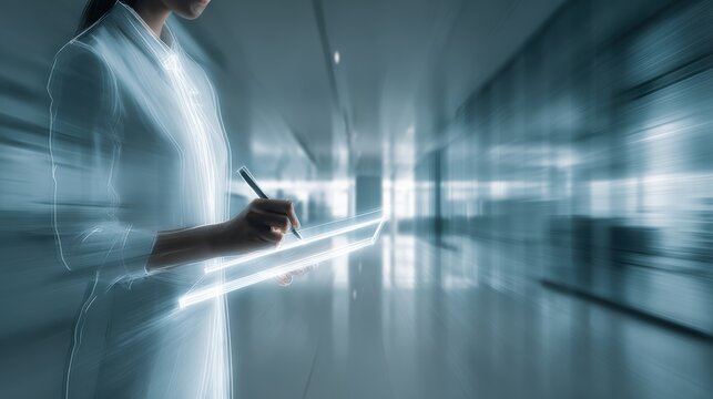 Businesswoman using a futuristic tablet in a modern office setting - Powered by Adobe