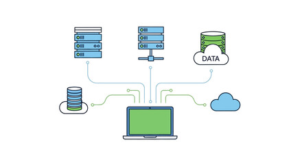 Conceptual illustration of a centralized data management system connecting to cloud storage, network servers, and databases