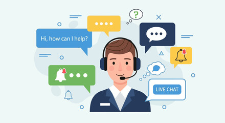 Customer Support Specialist Illustration Helping Hand with Live Chat and Assistance