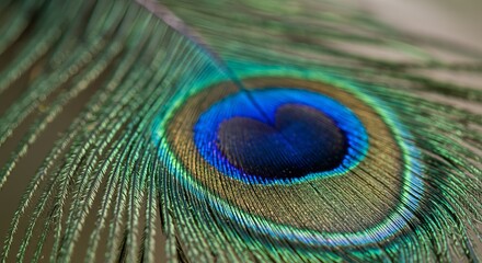 Vibrant peacock feather detail with iridescent blue eye and green hues