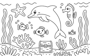 Fototapeta premium Cute cartoon underwater scene with a dolphin, starfish, seahorse, fish, coral, and treasure chest, perfect for coloring pages and childrens books