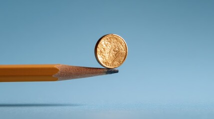 Coin balanced on a pencil tip against a blue background.