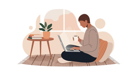 Obraz premium Digital illustration of a person engaged in remote work on a laptop, embodying comfort and productivity in a modern, flexible home environment