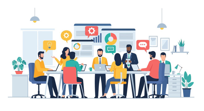 Diverse business professionals engaged in a dynamic meeting, collaborating on strategic planning and data analysis within a modern corporate environment for project development and growth