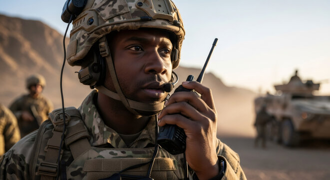 African American man soldier with radio. Military communication and armed forces. Brave troop in combat helmet.