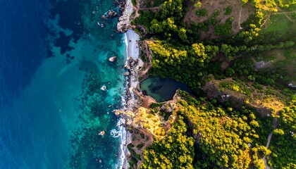 Aerial view of a coastal landscape with a secluded cove