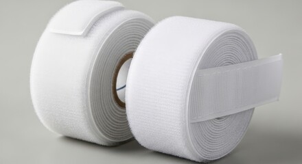 Close-up of two rolls of white hook and loop fasteners material on gray surface