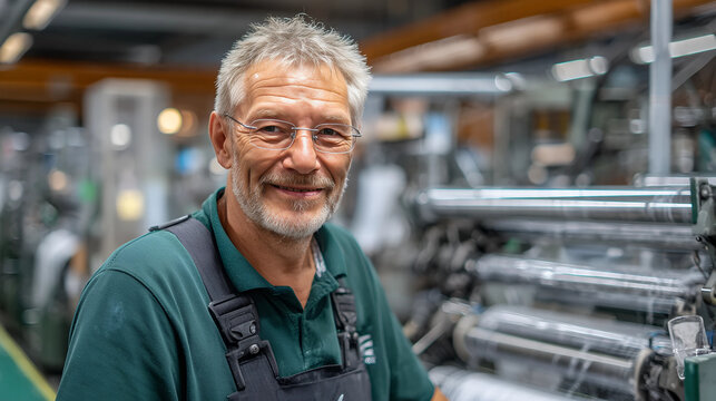 Smiling Machine Operator: A portrait of a cheerful, experienced machine operator at his workplace, radiating a sense of professionalism and expertise within the industrial environment.