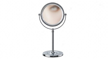 A round, chrome-finished vanity mirror with a swiveling arm sits atop a sturdy base, providing a simple yet elegant aesthetic for personal grooming.