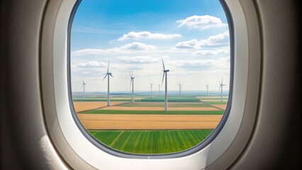 Fototapeta premium Aerial View of Wind Turbines from Airplane Window in Clear Sky