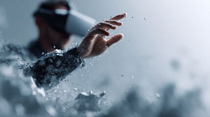 Immersive VR experience. Hand reaching out, breaking through reality. Concept for technology, innovation, digital world, future, metaverse. For presentations, websites.