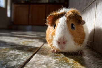 Curious guinea pig exploring tiled kitchen floor