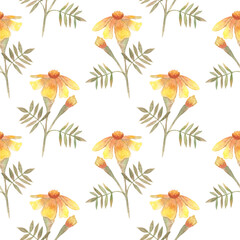 Seamless watercolor marigold flowers pattern. Ideal for textile, fabric, wrapping paper, wallpaper, and autumn-inspired decoration. Hand-painted floral design in warm colors.