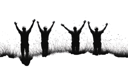 happy people jumping in the grass isolated on a white or transparent background