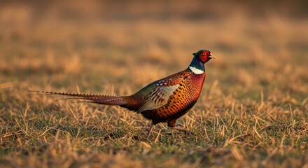A colorful male pheasant stands on dry grass. The bird has a vibrant plumage with a red head, green neck, and intricate patterns on its body.