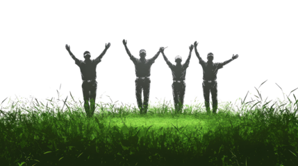 happy people jumping in the grass isolated on a white or transparent background