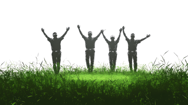 happy people jumping in the grass isolated on a white or transparent background