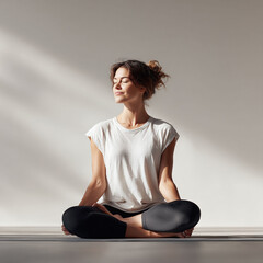 Fototapeta premium Serene woman in lotus position, meditating in sunlight. Represents wellness, mindfulness, balance, and inner peace. Ideal for health, lifestyle, and spiritual content.