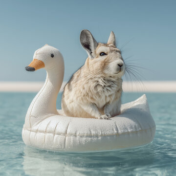Cute viscacha relaxing on swan float in clear ocean water