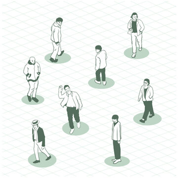 Man Doodle Isometric walking and standing in park