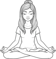 A serene young woman with closed eyes meditating in the lotus yoga pose, a black and white line art illustration.