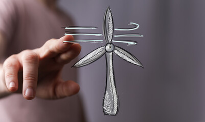 Sketch of wind turbine, hand interacting, clean energy, eco-friendly concept. Ideal for...