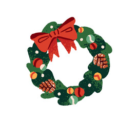 Decorated door wreath with ribbon bow, Christmas baubles, pine cones. Xmas interior decoration with fir branches. Winter holiday decor with spruce twigs. Flat isolated vector illustration on white