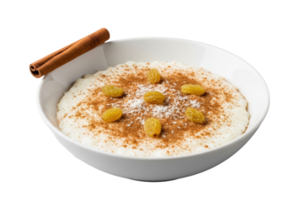 A white ceramic bowl with creamy rice pudding, topped with cinnamon, raisins, and nutmeg, a cinnamon stick beside it on a transparent background, high-key studio lighting, concept for gourmet food