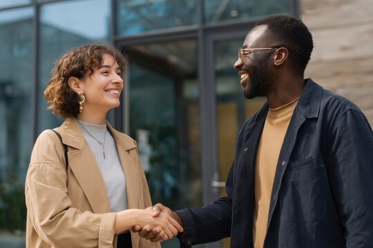 Business Meeting Between Diverse Professionals Urban Office Editorial Style Shot Friendly Environment Engaging Concept