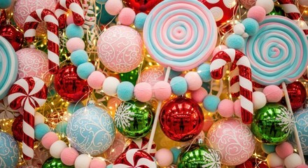 Fototapeta premium Christmas tree decorated with colorful candy canes, lollipops, and ornament. Holiday season background with festive sweet treats for celebration.