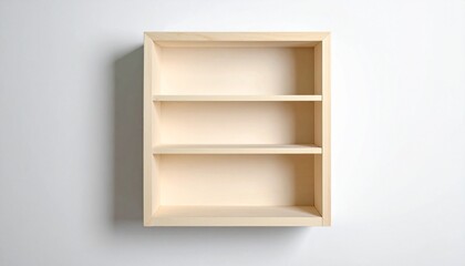 Rectangular wooden wall-mounted shelf with three empty compartments on white wall