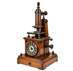 Antique, wooden, scientific instrument.  Complex, mechanical, microscope-like device, with brass components,  ornate base