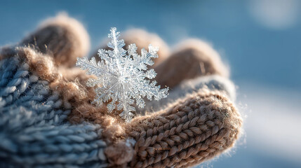 Intricate Snowflake in Knitted Glove: A single, pristine snowflake, delicately resting on a knitted glove, showcasing nature's delicate beauty amidst a chilly winter scene.