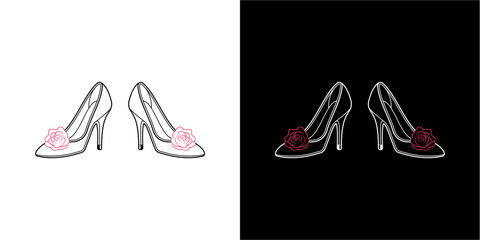 Elegant high-heeled shoes adorned with delicate floral embellishments, presented in contrasting light and dark backgrounds.