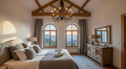 A spacious bedroom boasts a breathtaking mountain vista through large arched windows, showcasing a serene and tranquil atmosphere.  Warm, neutral tones create a cozy and inviting ambiance.
