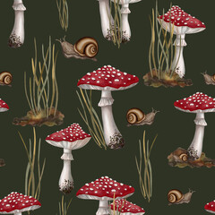 Seamless watercolor pattern with red fly agaric mushrooms, snails, and forest grass. Autumn still life. Children's illustration. Suitable for books, packaging, cards, and children's clothing