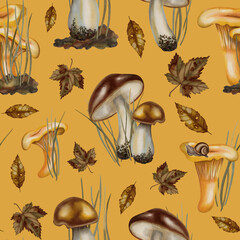 Hand-painted watercolor seamless pattern with chanterelle mushrooms, boletes, autumn leaves, and snails. Children's illustration. Suitable for books, packaging, cards, and children's clothing