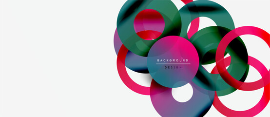Abstract colorful circles overlap. Modern design elements create dynamic visual composition. White background provides contrast.
