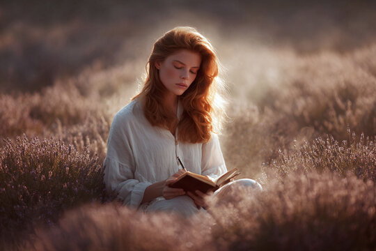 Dreamy image of a serene woman with red hair writing in a journal amidst a lavender field. Evokes creativity, mindfulness, and nature. Ideal for lifestyle, wellness, and inspirational content.