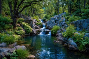 Lush mountain stream cascading over rocks